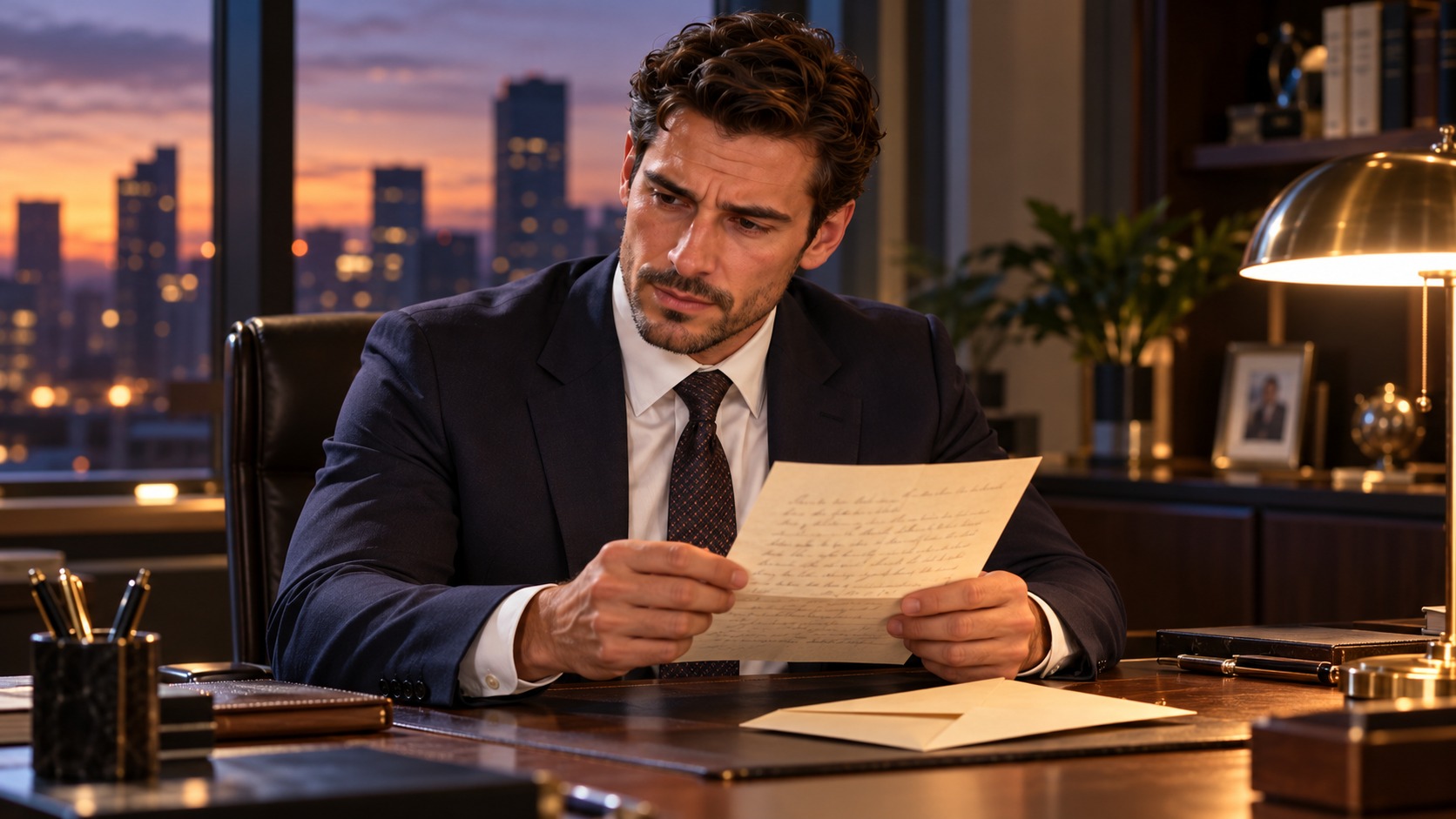 A man reading a letter alone at his desk at dusk. AI-generated fictional illustration.