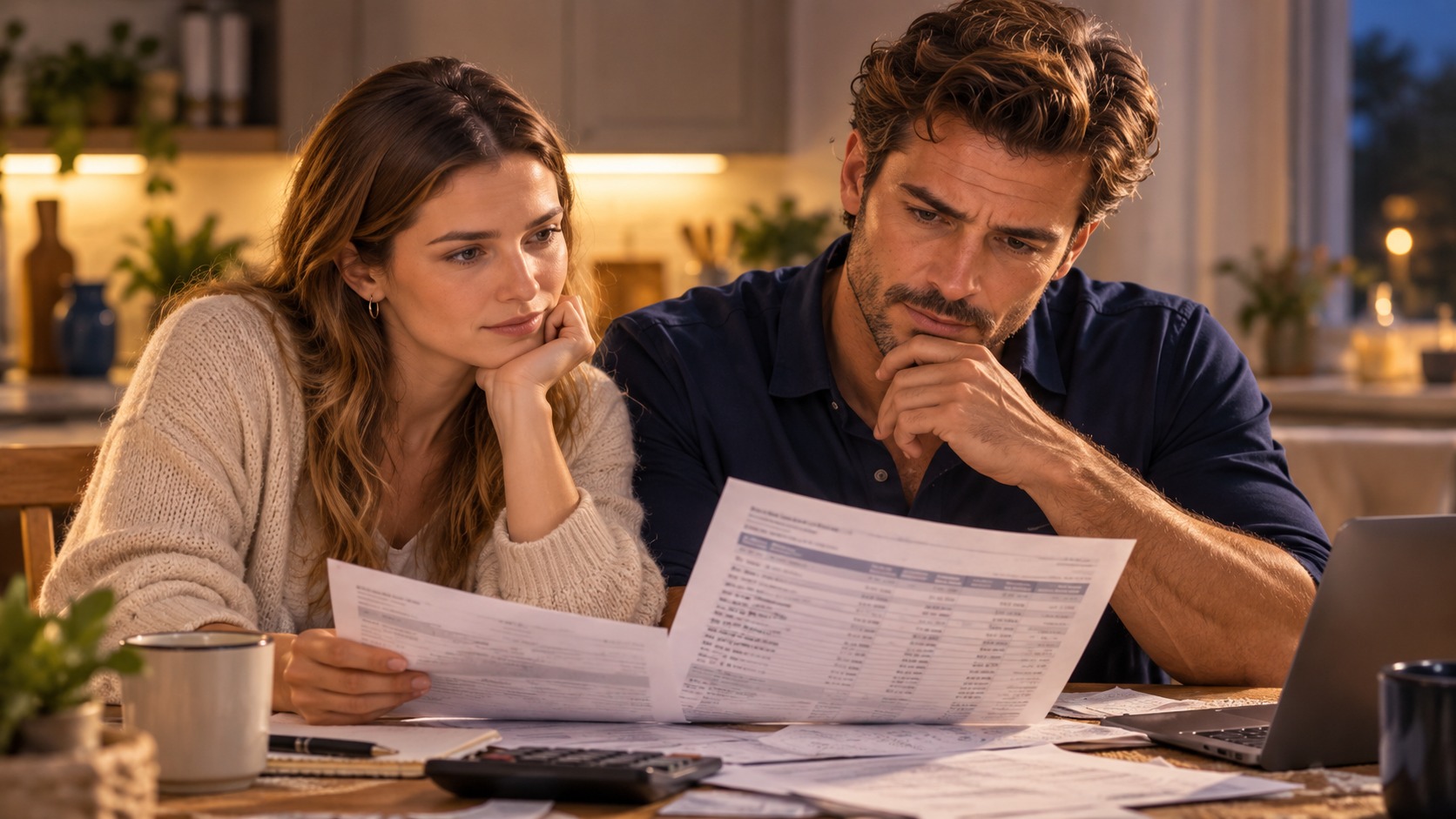 A man and his sister reviewing bank statements. AI-generated fictional illustration.