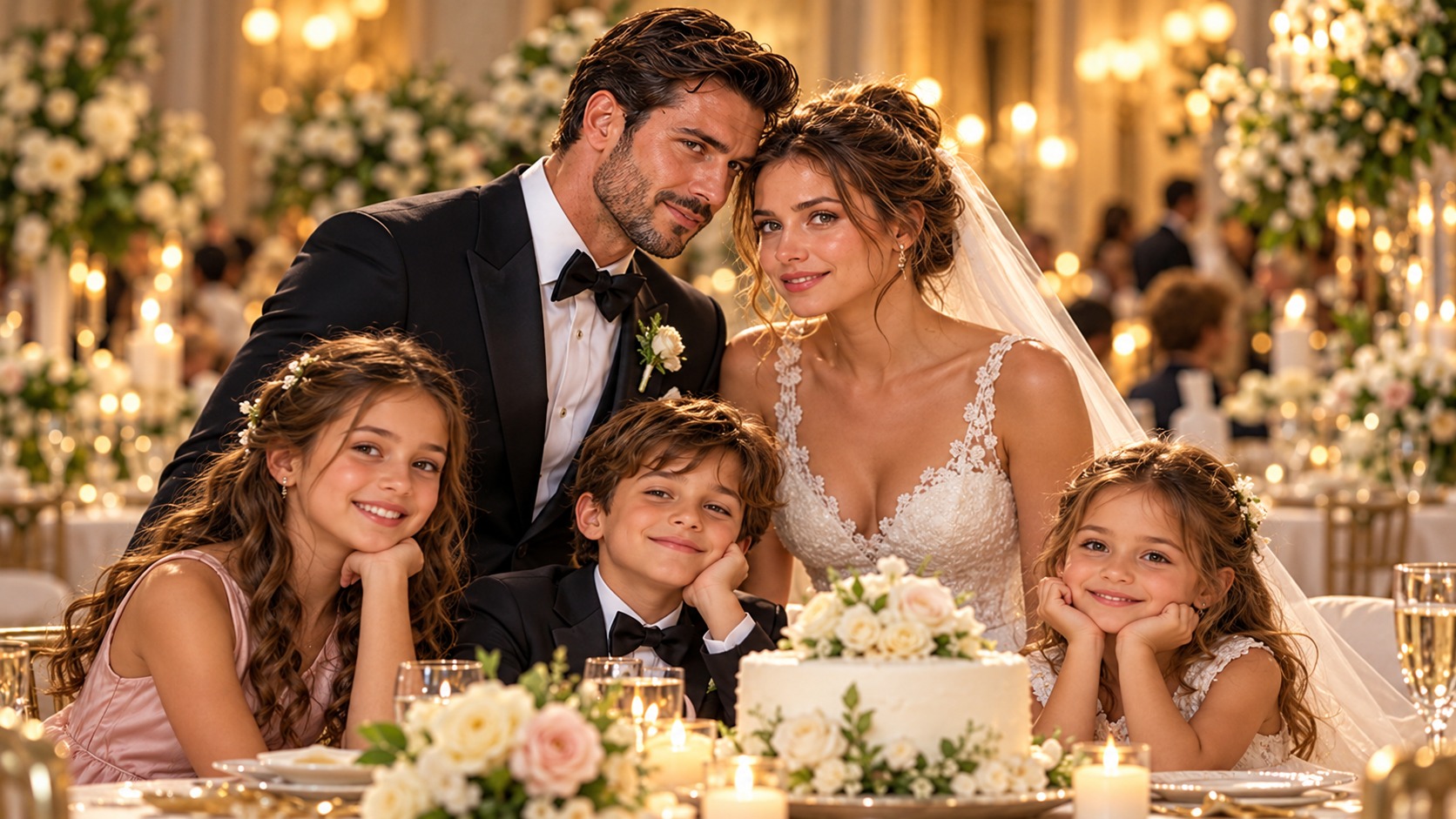 A groom and his bride attending their reception with three children. AI-generated fictional illustration.
