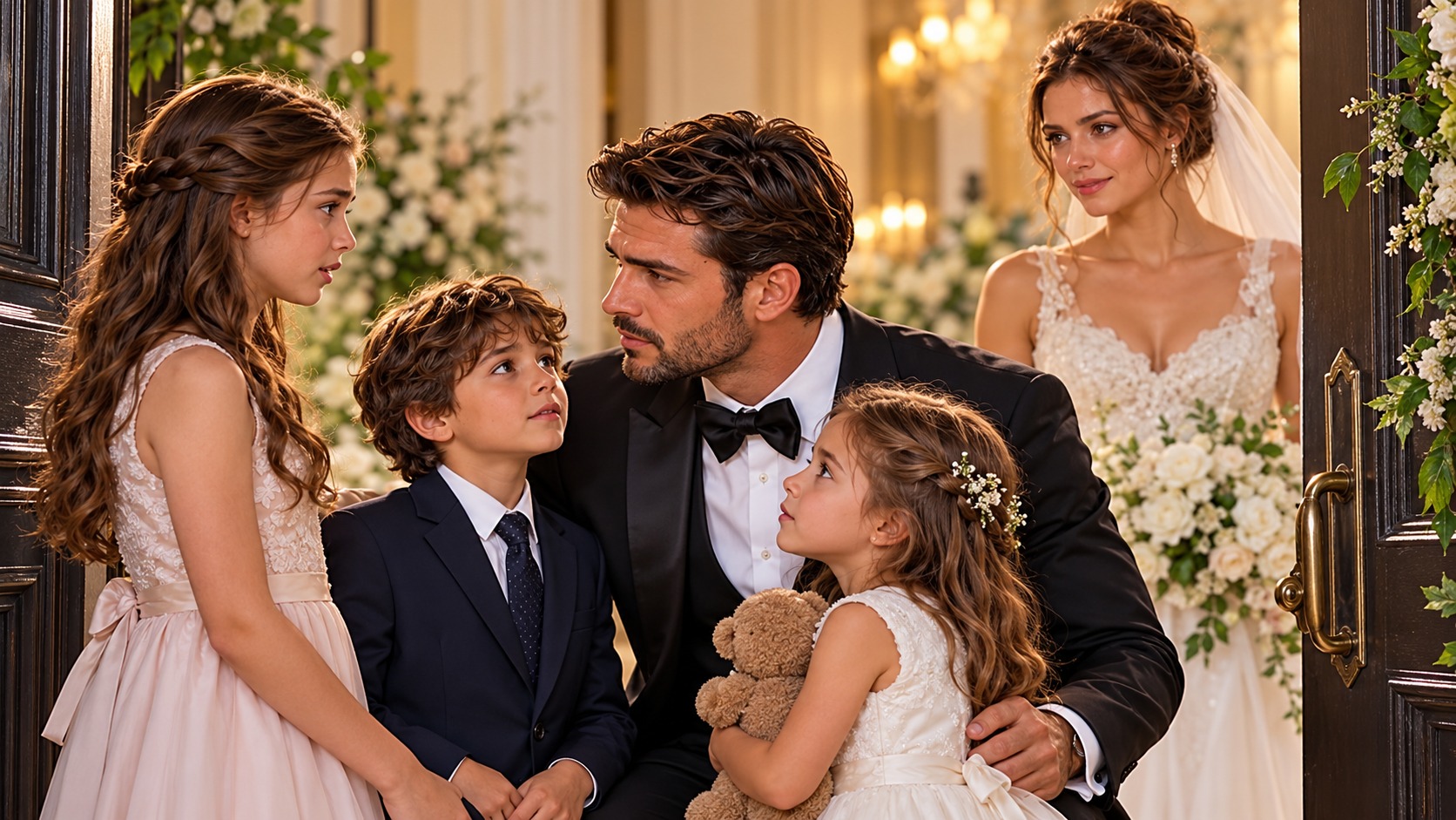 A groom welcoming his children into a quiet room after the reception. AI-generated fictional illustration.