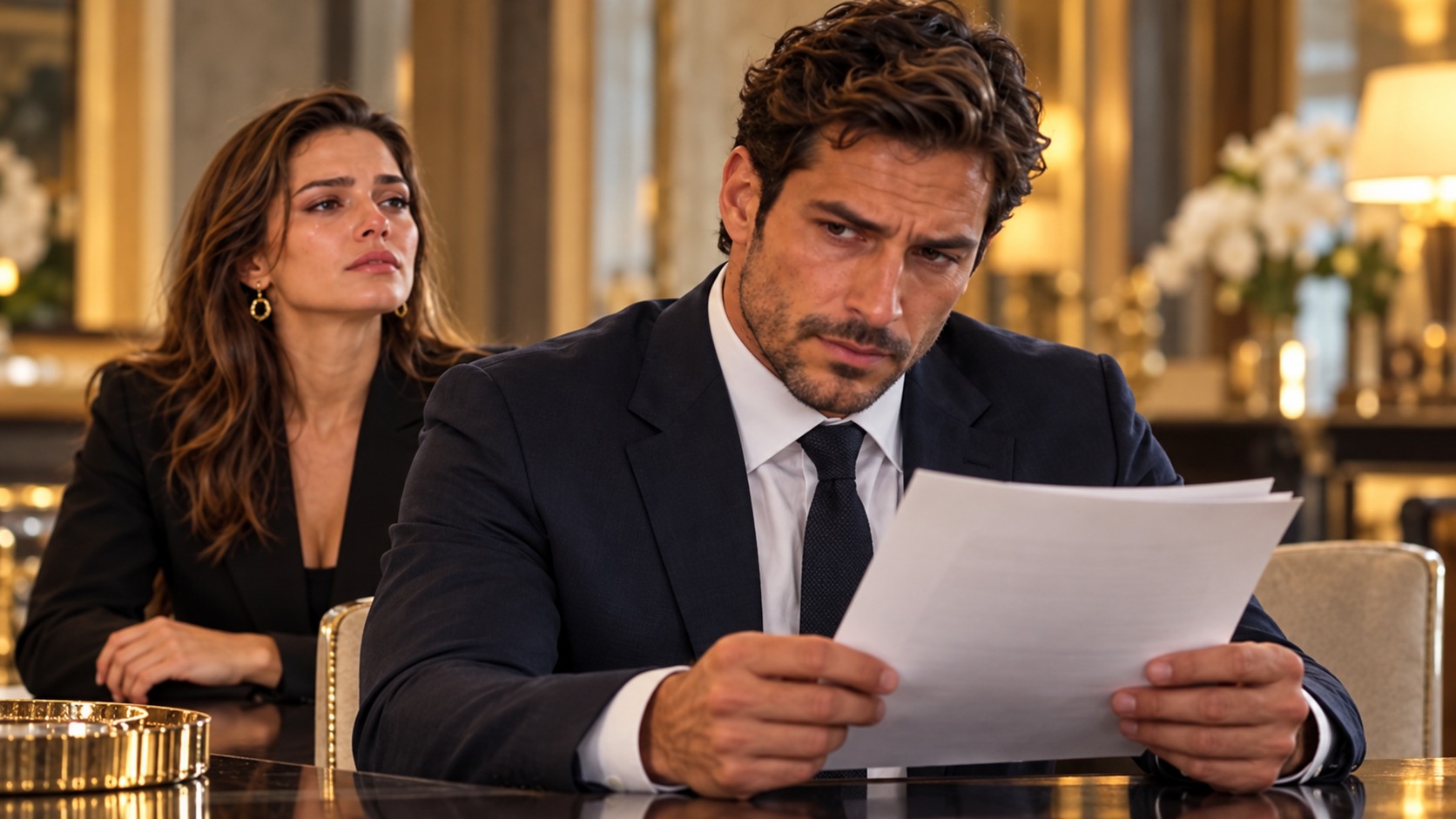 A man holding divorce papers while his wife sits behind him. AI-generated fictional illustration.
