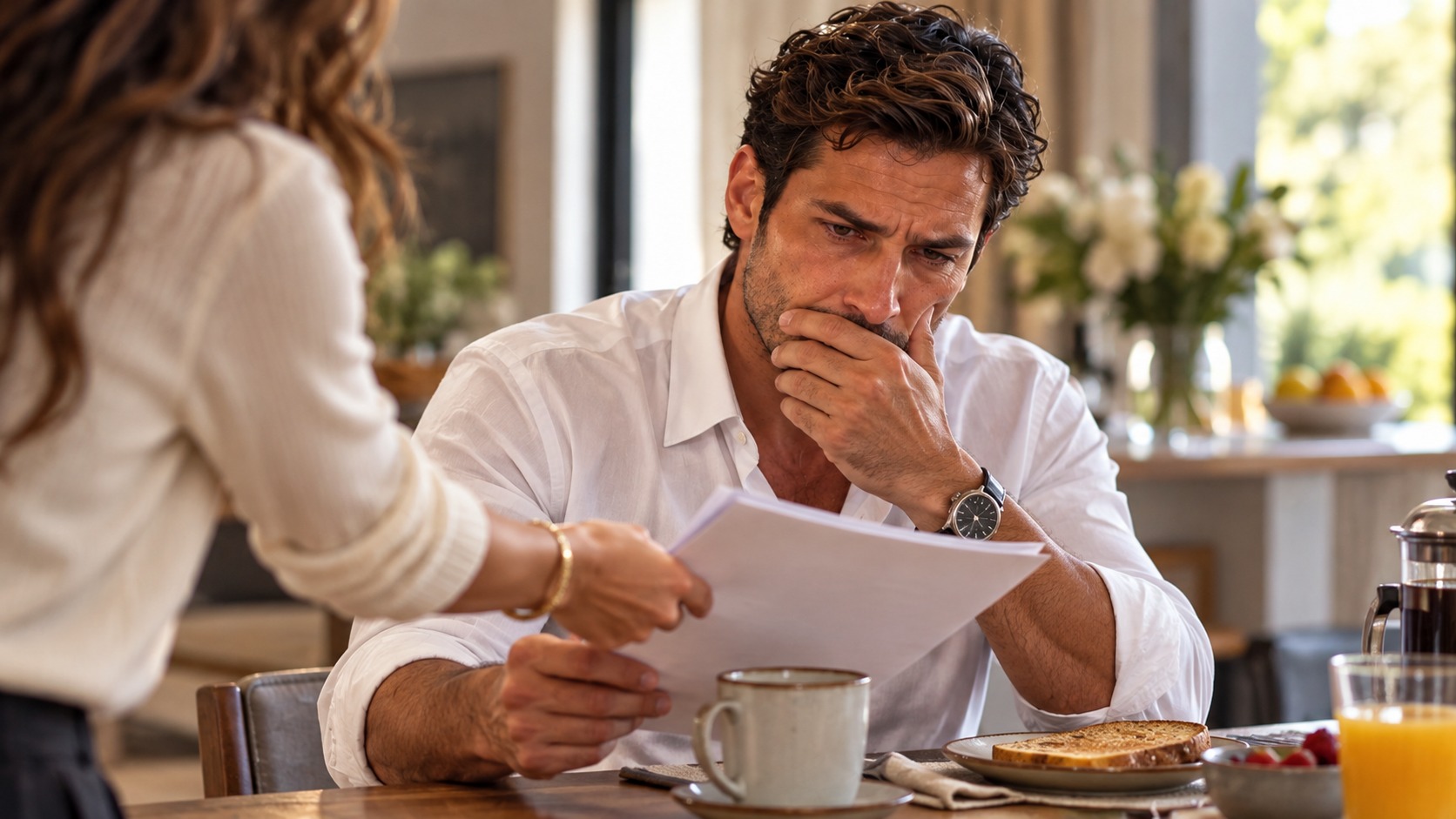 A wife presenting divorce papers to her husband at breakfast. AI-generated fictional illustration.