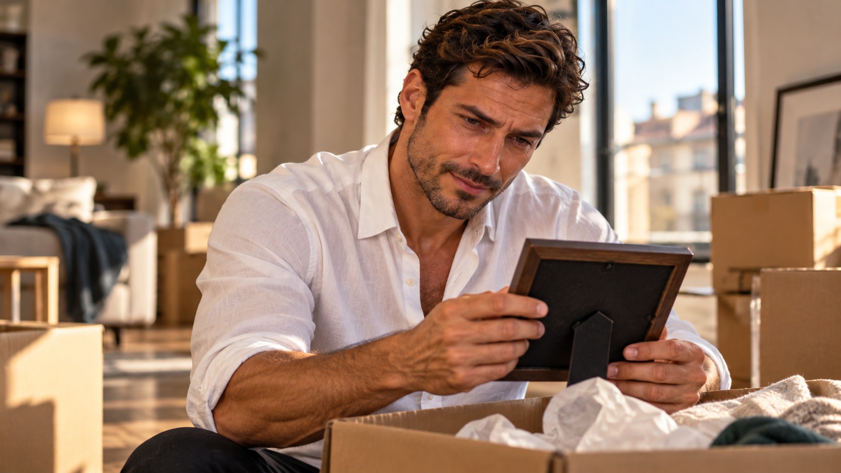 A man unpacking a photograph in his new apartment. AI-generated fictional illustration.