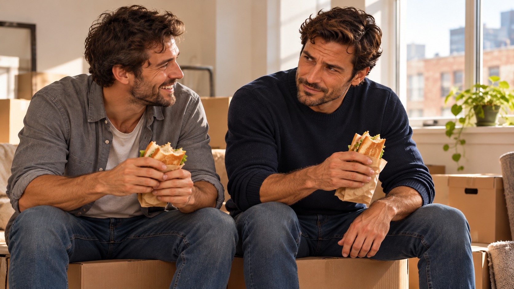 Two male friends sharing sandwiches among moving boxes. AI-generated fictional illustration.
