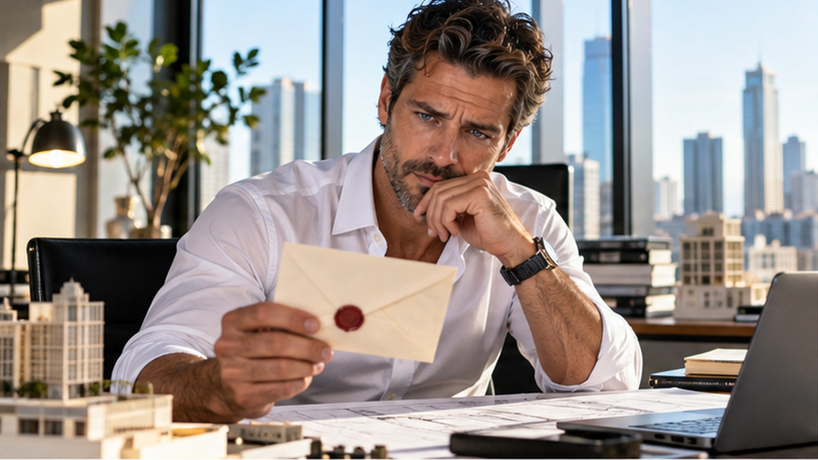 A Sealed Envelope Arrived at His Office. His Son’s Name Was on the Last Page — AI-generated editorial illustration